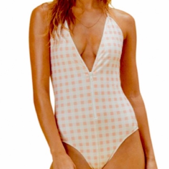 FOR LOVE & LEMONS ZIPPER FRONT SOFT PINK CHECK ONE PIECE SWIMSUIT SIZE SMALL - Picture 3 of 15